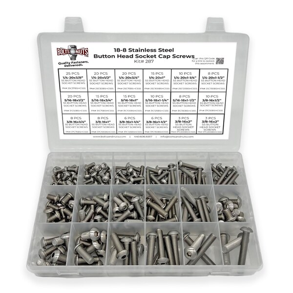 Boltsandnuts.Com Inch 18-8 Stainless Steel Button Head Socket Cap Screws Assortment - 211 PCS Assortment Kit #287 - main